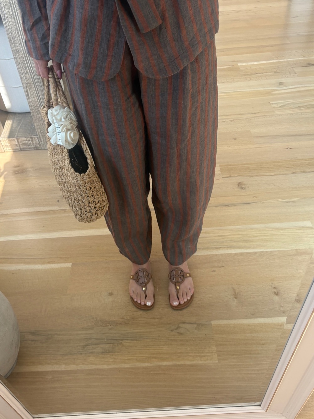 Tory Burch Leather Logo Thong Sandals in Cognac Brown with Gold Accents
